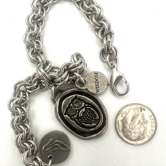 Charm Bracelet Owl Wisdom Pendant Double Link Silvertone Chain Lobster Clasp - Picture 3 of 5